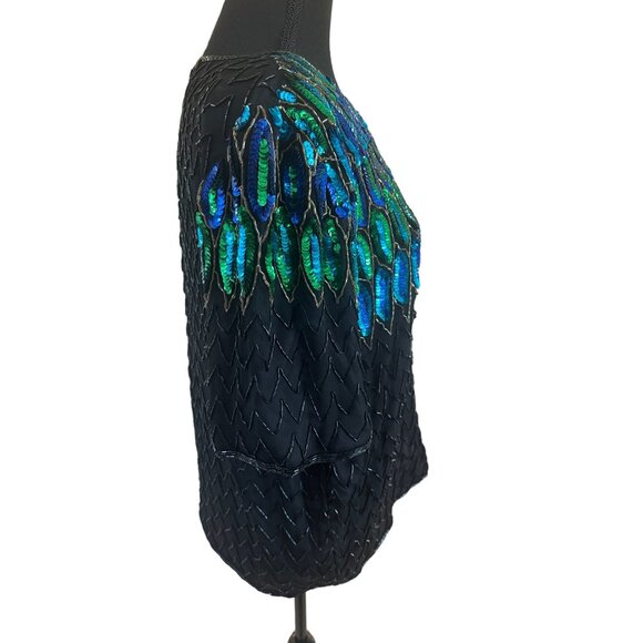 Vintage Sequin Peacock Feather Top Black Silk Blouse By Tenay Heavily Beaded - Picture 5 of 12